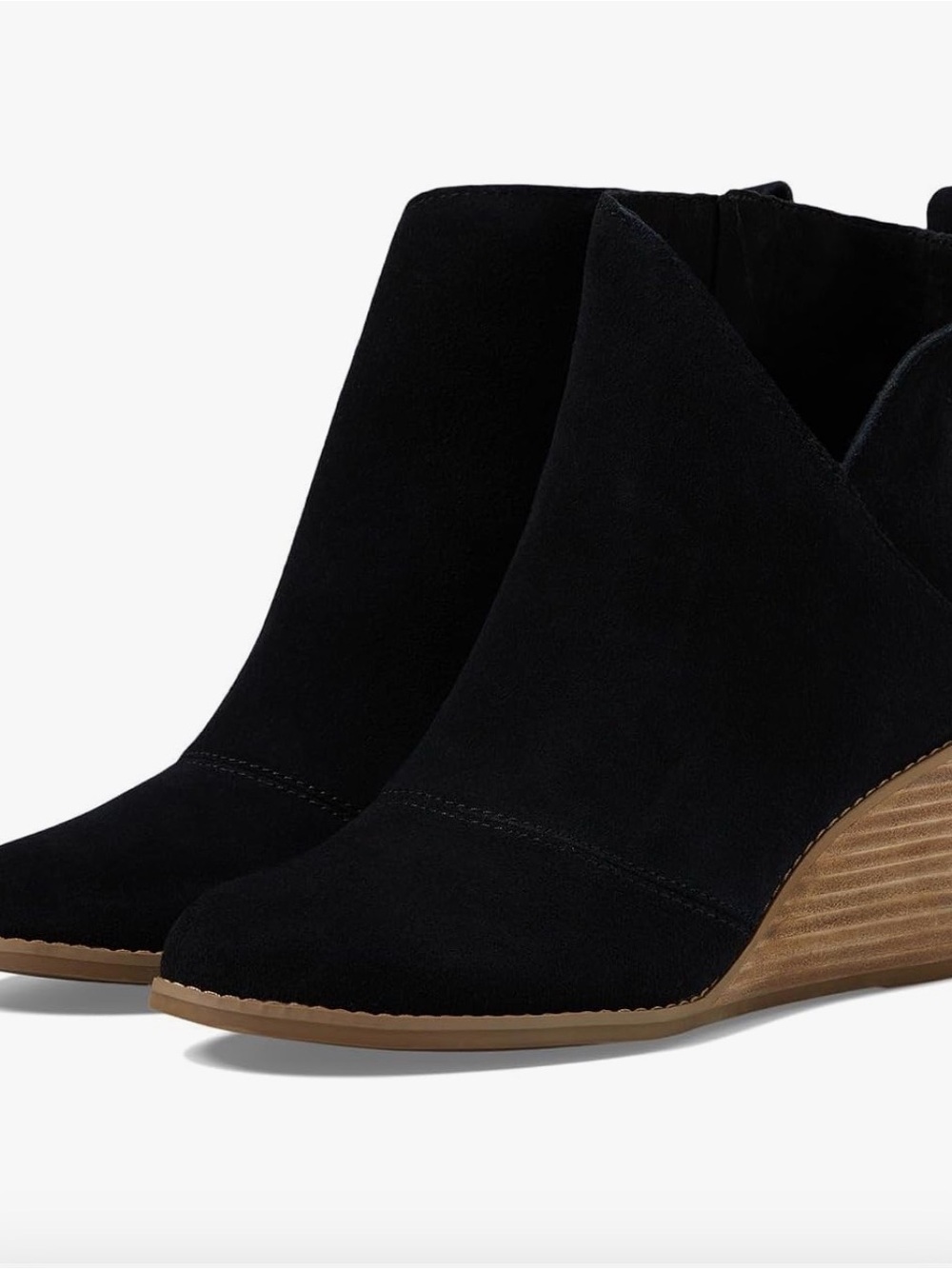 Toms Black Suede Wedge Ankle Booties with Wood-Look Heel
